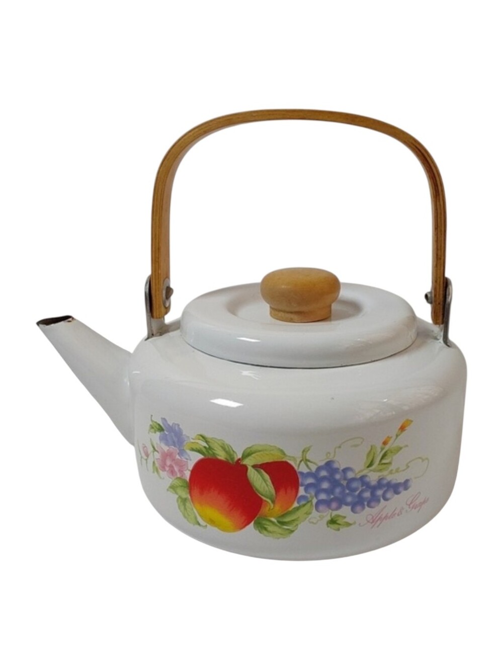 Vtg Teapot porcelain white fruit decor ext bent wood handle MCM Gourmet Craft